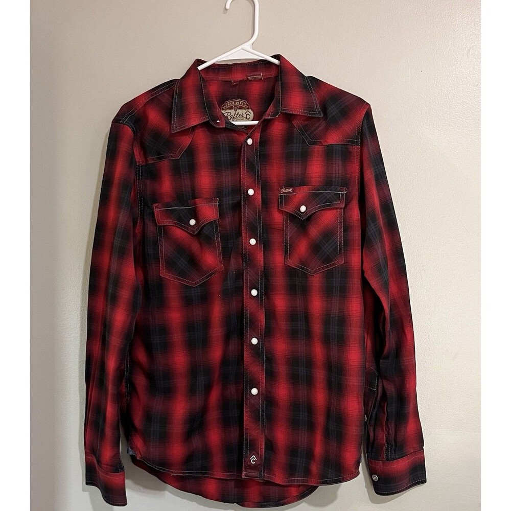 Rafter C Red Dirt Collection Shirt Red Plaid Mens Med Western Pearl Snap Cowboy